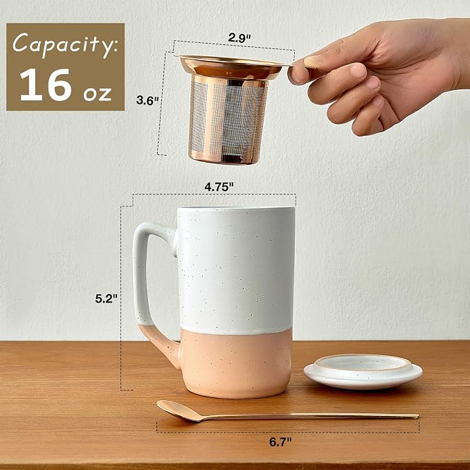 Gencywe Ceramics Large Tea Cup with Loose Leaf Infuser, Spoon and Lid, 16 oz Tall Coffee Mug, Microwave and Dishwasher Safe, Rustic Matte Ceramic Glaze, Tea Strainer (Pink)