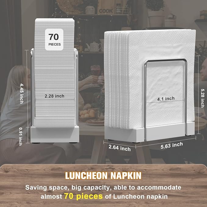 Wican Napkin Holder for Table, Bamboo Iron Standing Napkin Dispenser | Kitchen Dining Table Farmhouse Cocktail Picnic Rustic Wood Holders, Mail Bills, Suitable Dining Room Decors, Silvery & White