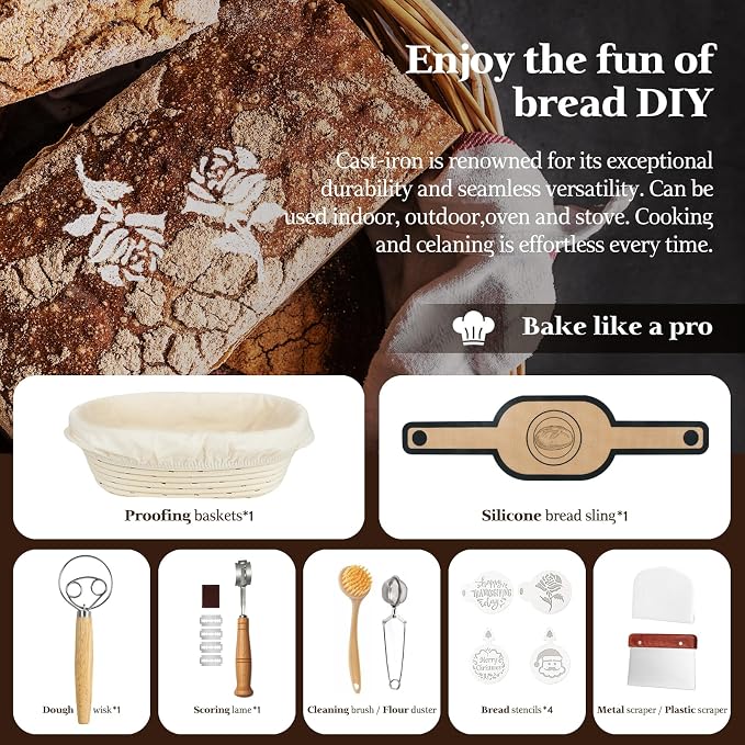 Cast Iron Sourdough Loaf Pan with Lid, Oval Dutch Oven for Bread Baking | Pre-Seasoned Sourdough Baking Supplies Kit, Cast Iron Dutch Oven for Homemade Bread, Sourdough Bread Pan