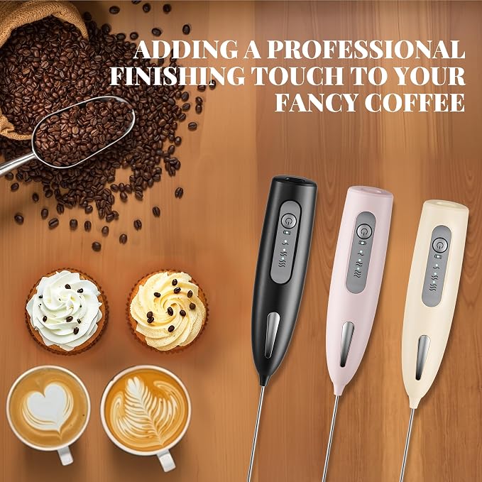 Electric Milk Frother, Three speed adjustment, USB Rechargeable Cordless Hand Blender with Sticky Stand Included, 304 stainless steel Egg Beater, Mixed Drinks, Coffee Stirrers (Pink set)