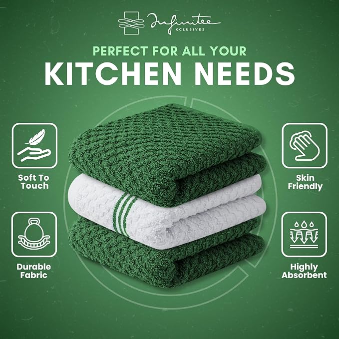 Infinitee Xclusives Kitchen Towels - 3 Pack - Cotton Dish Towel |15" x 25"| | 100% Cotton, Highly Absorbent Tea Towels - Lint Free, Soft, Durable & Quick Dry, Ideal for Drying Dishes & Kitchen Cleaning