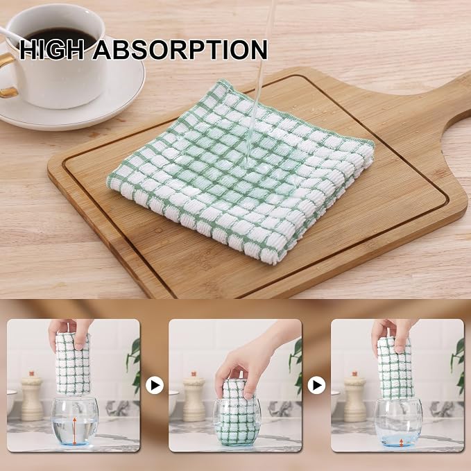 Kitinjoy Cotton 12 Pack Terry Kitchen Dish Cloths, Grass Green | 12 x 12 Inches Super Soft and Absorbent Dish Rags, Quick Drying Dish towels for Washing Dishes