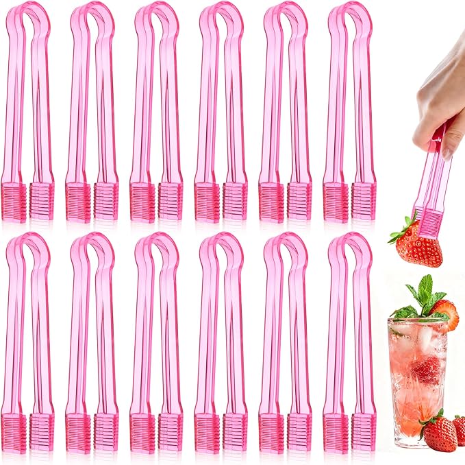 12 PCS Plastic Serving Tongs, 6.3 Inches Pink Disposable Tongs Kitchen Small Serving Utensil Tongs for Party Ice atering Buffet Bakery Salad