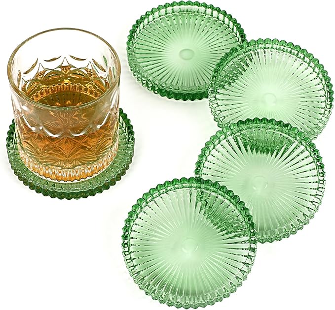 Modern Clear Coaster Set of 5- Glass Coasters for Drinks, Clear Green | Crystal Coasters Round Cup Mat Coffee Table Decor for Office, Kitchen, Bar, Dining Room, Living Room, Patio