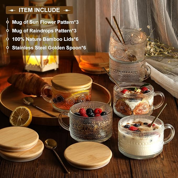 LANDNEOO 6 Pack 14oz Vintage Glass Coffee Mugs with Bamboo Lids and Spoons, Green Embossed Drinking Glasses for Iced Coffee, Tea, Latte