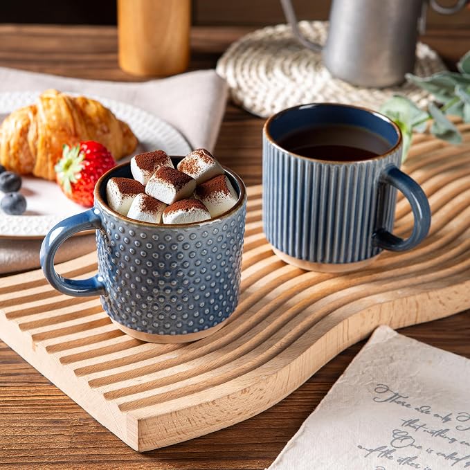 GBhome 6 OZ Stackable Coffee Mugs Set of 4, Ceramic Coffee Cups Set | 4 Assorted Designs, Embossed Mugs with Texture Patterns for Espresso/Tea, Dishwasher&Microwave Safe, Blue