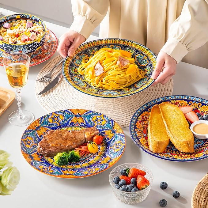 vancasso Colorful Dinner Plates Set of 6, 10.5 Inch Ceramic Kitchen Plates | Boho Dinner Plates Set, Bohemian Printed Dishes for Dining, Microwave & Dishwasher Safe Plate Set, Series KRVI