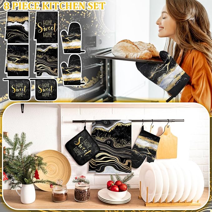 Leinuosen 8 Pcs Black and Gold Marble Kitchen Towels and Dishcloths Sets Oven Mitts and Pot Holders Absorbent Kitchen Gloves Potholders Heat Resistant for Chef Baking Cooking