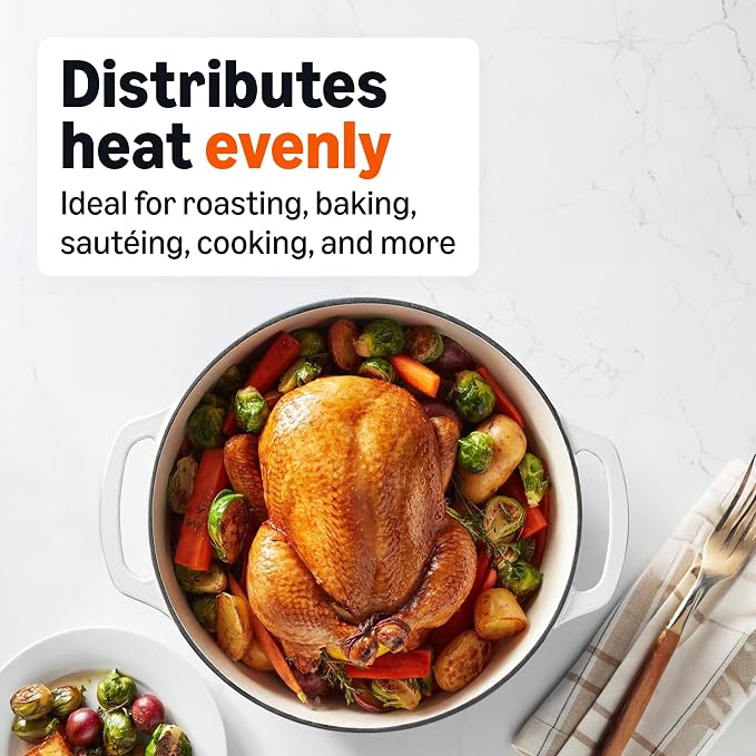Amazon Basics Enameled Cast Iron Dutch Oven Pot with Lid, Round, Dual Handles, Heavy-Duty, Oven Safe for Stews, Roasting, Baking, 7.3-Quart, Matte White
