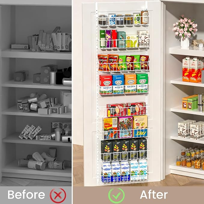 ElegantArray 8-Tier Pantry Door Organizer, White | Over The Door, Hanging Spice Rack Shelves, Kitchen & Bathroom Storage, Home Office & Laundry Room
