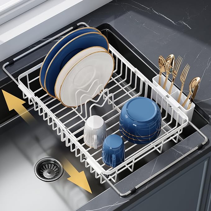 JASIWAY White Dish Drying Rack Over the Sink with Utensil Holder | Expandable Stainless Steel Dish Driainers for Small Kitchen, Counter Space Saving, Fast Drain, Rust Resistant, For Apartment