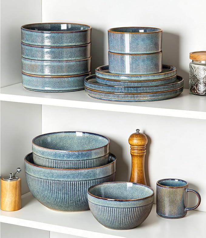 GBhome Ceramic Mixing Bowls Set of 3, Stoneware Nesting Serving Bowls, | 45/90/150 oz For Prep, Baking, Serving, Gift, Microwave and Dishwasher Safe, Ribbed Dishware Collection,Ceylon Blue