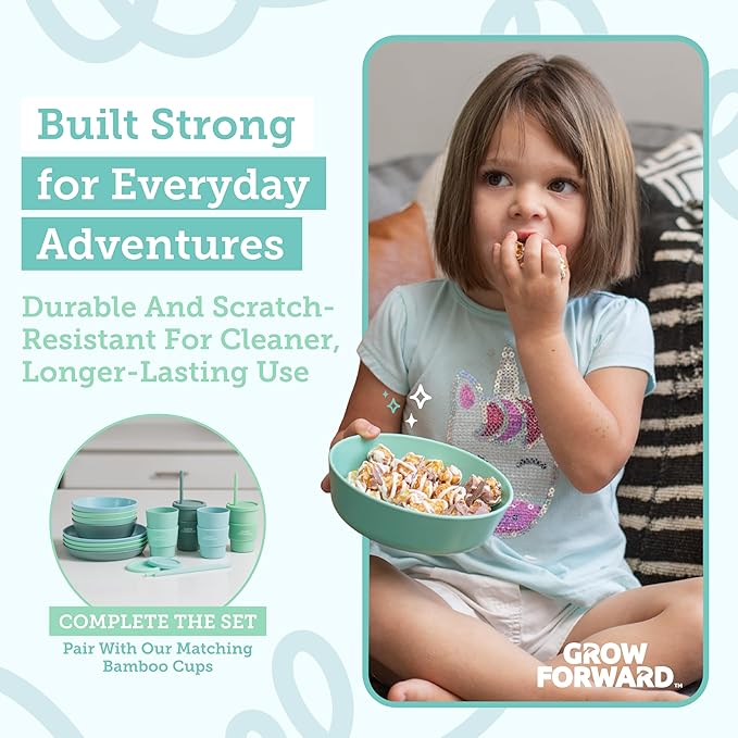 Grow Forward Bamboo Kids Plates and Bowls Sets - 8-Piece Dishwasher Safe Non Toxic Plates for Kids - Reusable Eco Friendly BPA Free Dishes Dinnerware Sets for Children - Rainforest