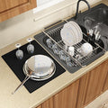 Dish Drying Rack Over The Sink with Utensil Holder, Mat | Expandable Stainless Steel Dish Drainer for Small Kitchen, Apartment, RV, Counter Space Saving, Perfect Fit, Rustproof