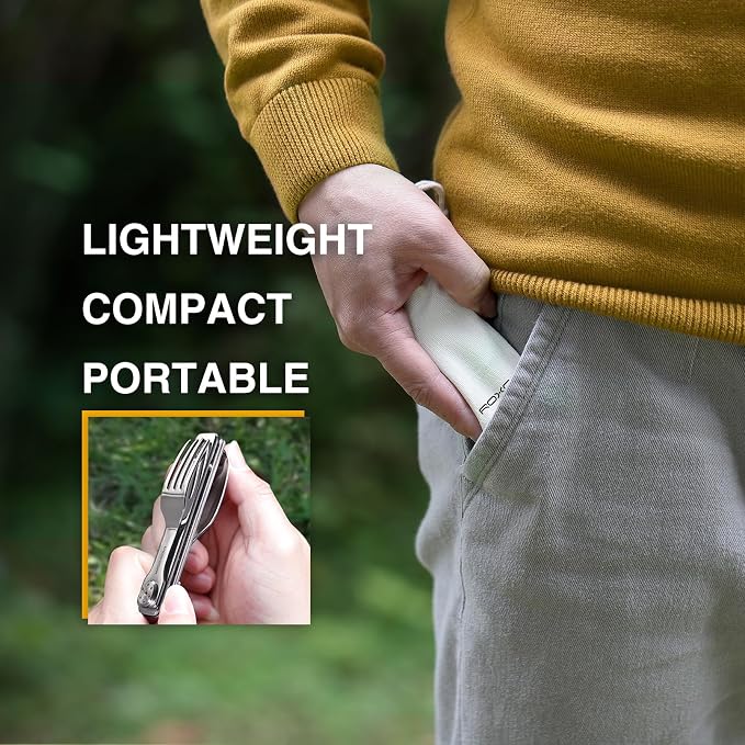 ROXON 3-in-1 Knife Spoons Fork Camping Utensils Set with Case | Magnetic Folding, Stainless Steel Cutlery, EDC Portable Lightweight Silverware,For Hiking Backpacking Travel Lunchbox Outdoor