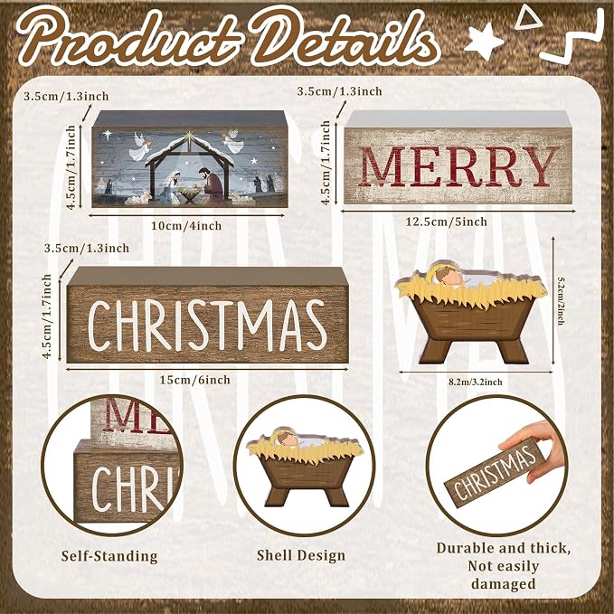 Lineshading 4 Pcs Nativity Christmas Wooden Block Signs Farmhouse Decor | Stackable Manger Scene Blocks for Tiered Tray Mantel, Rustic Farmhouse Tabletop Decorations, Birth of Jesus Holiday Gift