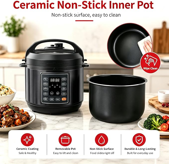 Simple Deluxe 10-In-1 Electric Pressure Cooker, 3QT Instant Multi Cooker, Olla de Presion Nonstick Pot 3 Quarts for Slow Cook, Rice Cook, Steam, Sauté, Canning, Yogurt Maker, Warm, Black