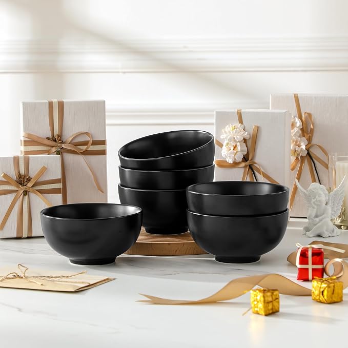 MALACASA 26 Oz Black Ceramic Bowls Set of 6,Cereal & Soup Bowl for Kitchen | Perfect for soup, cereal, ramen, rice, oatmeal & salad; Scratch-resistant ; stackable, microwave, oven & dishwasher safe