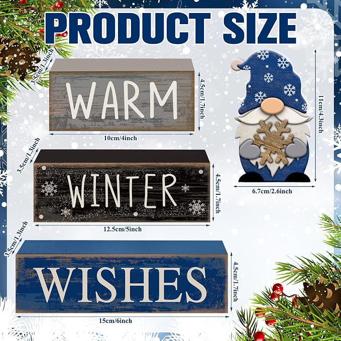 Lineshading 4 Pcs Winter Gnome Wooden Sign Blue Tiered Tray Decor Farmhouse | Stackable Warm Winter Wishes Blocks, Rustic Wood Finish, Season-long Centerpiece for Kitchen Shelf and Mantel Display