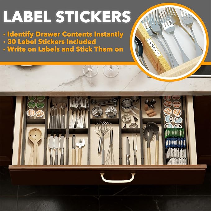 SpaceAid Bamboo Drawer Dividers with Inserts and Labels, Kitchen Adjustable Drawer Organizers, Expandable Organization for Home, Office, Dressers, 10 Dividers with 24 Inserts (17"-22" Black)