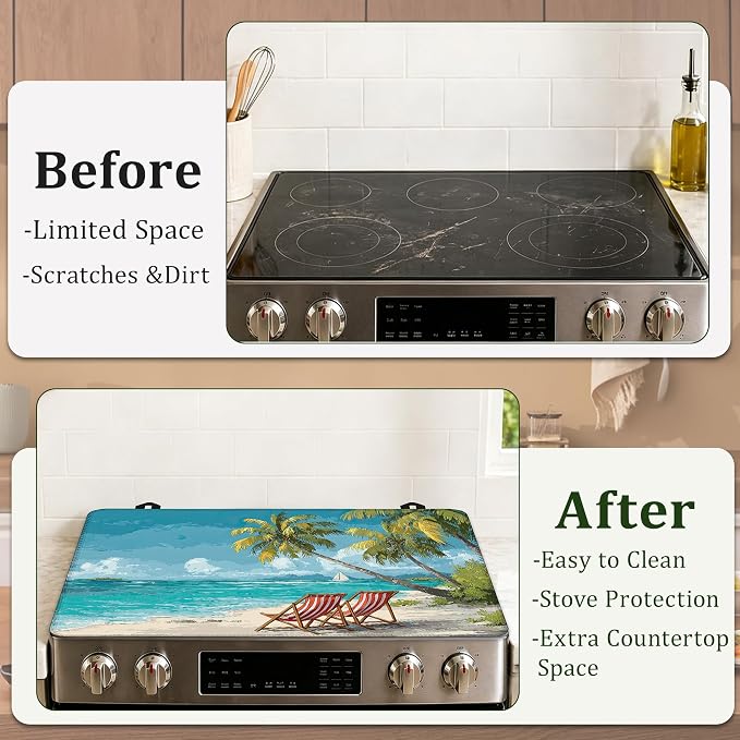 Beach Palm Tree Stove Top Cover Glass Cooktop Heat Resistant Cover,Ceramic Stove Top Covers Mat Prevents Scratching Stoves/Counter/Washer Protector,28.5x20.5 in