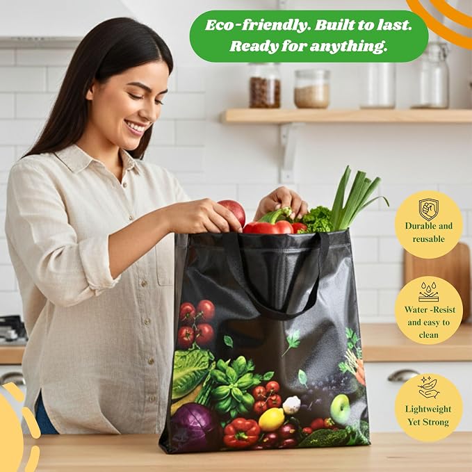 Simply Cool 25 Pack Reusable Grocery Bags, Large Tote Bags Bulk, Black | 13”x12.6”x7.25" Heavy Duty Non-woven Printed Shopping Bags with Handles, Foldable, Washable for Retail and Commercial use