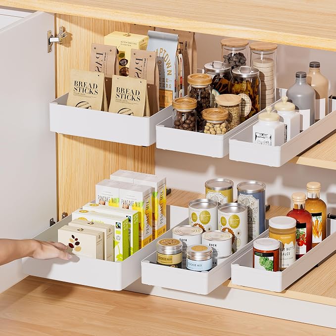 Delamu 3 Pack Pull Out Cabinet Organizer, 15.7"Deep Pull Out Drawers for Cabinets, Slide Out Drawers for Kitchen Cabinets, Bathroom Cabinet Organizer, Pantry (White)