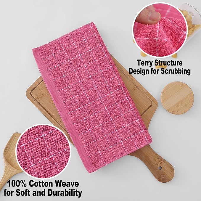 Homaxy 100% Cotton Terry Kitchen Towels, 12 Pack, Rose Red | Ultra Soft and Absorbent, Suitable for Drying and Washing Dishes