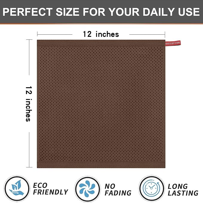 Kitinjoy 100% Cotton Waffle 6-Pack Kitchen Towels, 12" x 12", Coffee | Ultra Absorbent, Super Soft, lightweight, Quick Drying Dish Rags for Washing Dishes