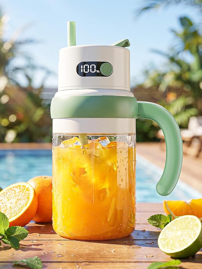 Portable Juicer Blender Cup, USB-C Rechargeable, Green | LED display, cordless use and dual lids for fruit drinks, protein shakes and small ice cubes; 500ml max blending.