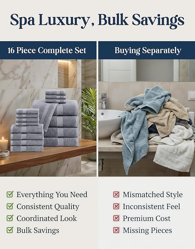 LANE LINEN Towel Set for Bathroom 16 Piece Soft Absorbent - Cool Grey | Towels And Washcloths Sets - Oversized & Roomy, Lightweight & Breathable, Fade-Resistant Color, Classic Terry Weave