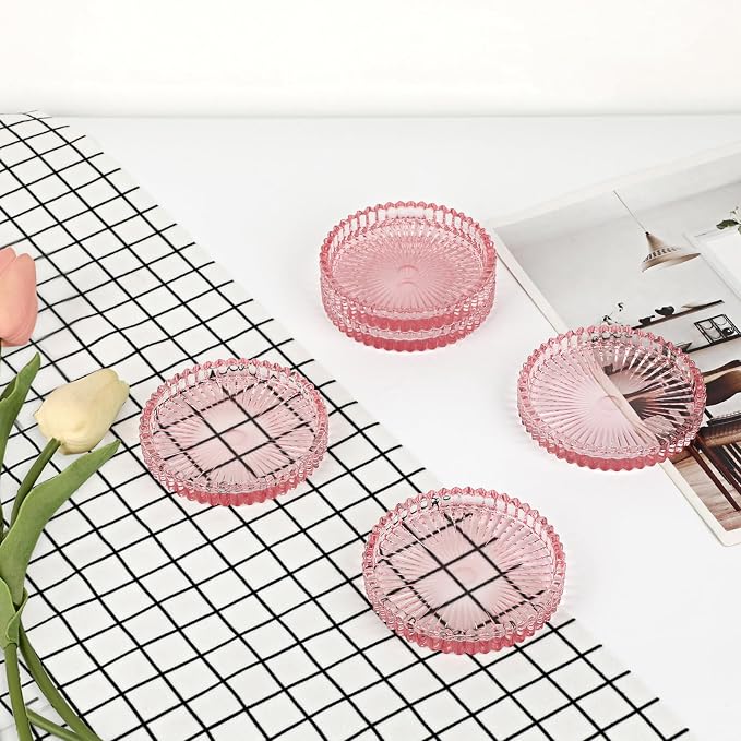Modern Clear Coaster Set of 5- Glass Coasters for Drinks, Clear Pink | Crystal Coasters Round Cup Coaster Coffee Table Decor for Office, Kitchen, Bar, Dining Room, Living Room, Patio