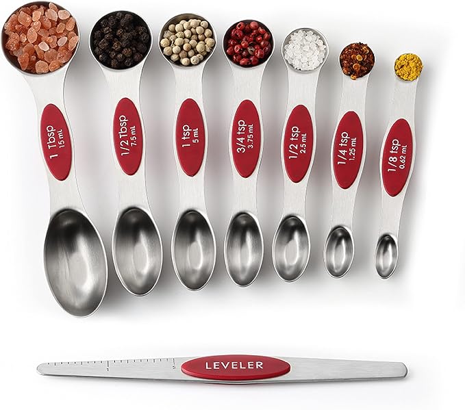 Spring Chef Stainless Steel Magnetic Measuring Spoons Set of 8, Red | Dual Sided Metal Teaspoon & Tablespoon Measuring Spoons with Leveler for Dry & Liquid Ingredients, Fits in Kitchen Spice Jars