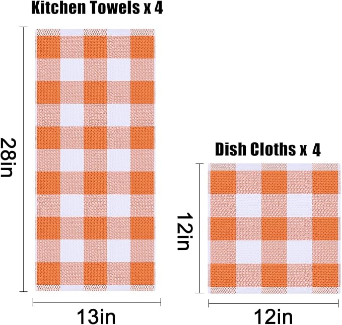 Homaxy Kitchen Towels and Dishcloths Set, Set of 8, White & Orange | Bulk Cotton Waffle Weave Check Plaid Kitchen Towels, Super Soft and Absorbent Dish Cloths, 12 x 12 and 13 x 28 Inches