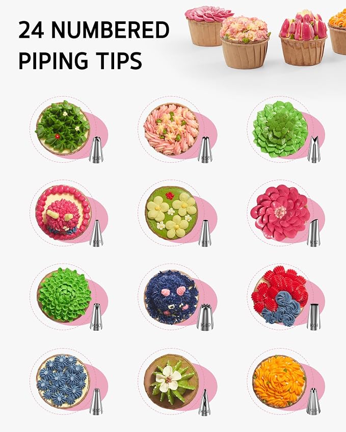 Syntus 65 PCs Cake Decorating Kit with Cake Stand, Cake Baking Supplies | 31 Piping Bags, 24 Piping Tips, Offset & Straight Spatulas, 3 Scrapers, Leveler, 2 Couplers & 1 Tips Brush