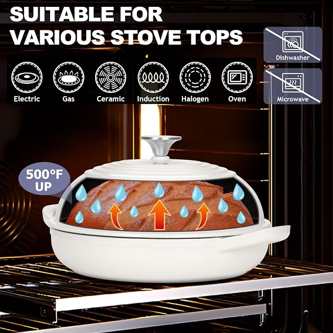 TeamFar Cast Iron Bread Dutch Oven, 6 Qt Enameled Dutch Oven Pot | for Sourdough Bread Baking, with Tall Dome Lid & Round Base Pan, Self-Basting & Even-Heating, Heavy-Duty & Non-stick, White