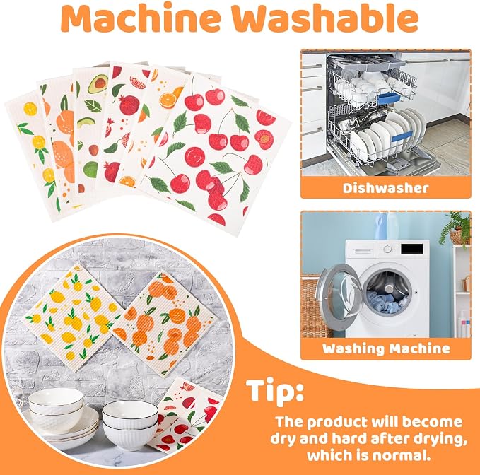 6 Pack Fruit Swedish Dishcloths for Kitchen,Swedish Rags Dish Towels | Reusable Paper Towels with Clips Washable Absorbent Cellulose Sponge Cloths for Countertop Dishes Cleaning