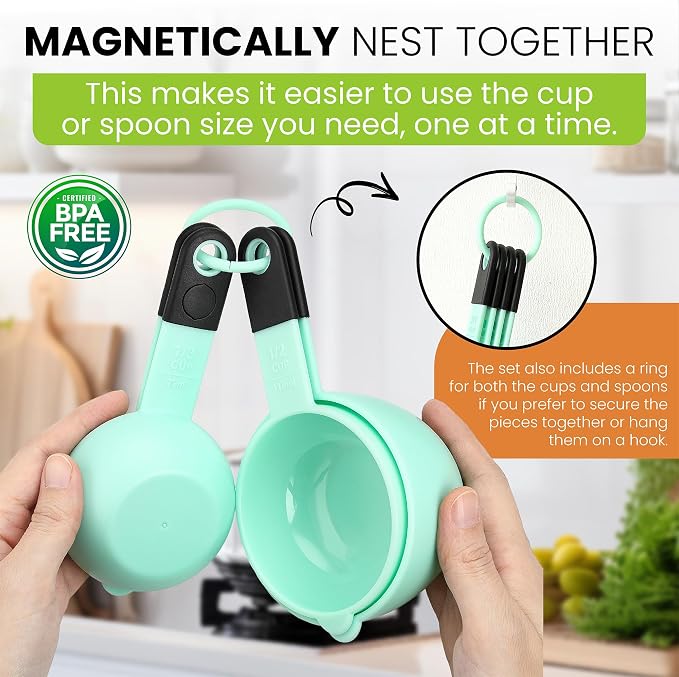 Spring Chef Magnetic Measuring Cups and Spoons Set of 9 - Mint | for Dry & Liquid Ingredients - Food Safe & BPA Free - Nesting Design - Dishwasher Safe