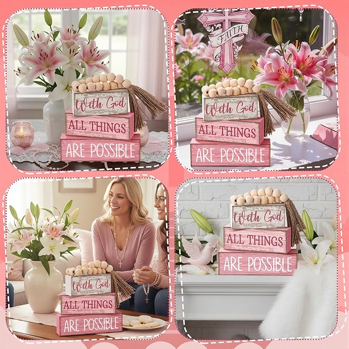 Lineshading 4 Pcs Christian Table Decor Pink God All Things are Possible | Prayer Room Shelf Decor, Christian Home Accents, Tiered Tray Books Style, Rustic Faith Quote, Tabletop Gift for Believers