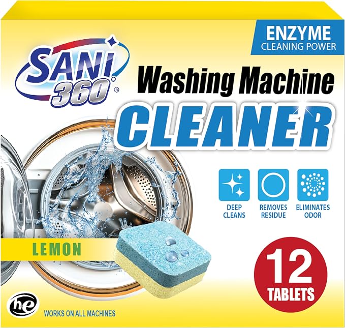 SANI 360° Enzyme Washing Machine Cleaner Tablets, 12-Pack, Lemon Scent | Deep-cleans and deodorizes front-load and top-load washers; 12 tablets provide up to a one-year supply when used monthly.
