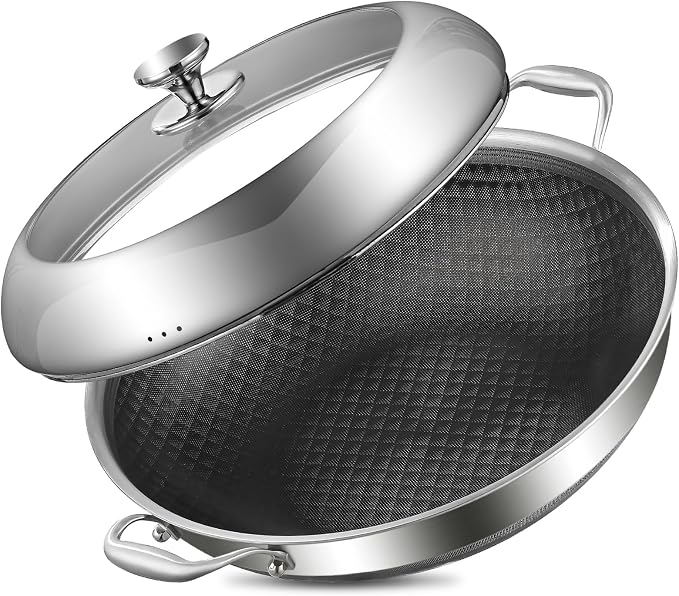 DELARLO 14 Inch Tri-Ply Stainless Steel Nonstick Wok Pan with Lid 6Qt Pot | Deep 6-quart wok heats quickly and evenly, works with induction, and is dishwasher and oven safe for everyday cooking