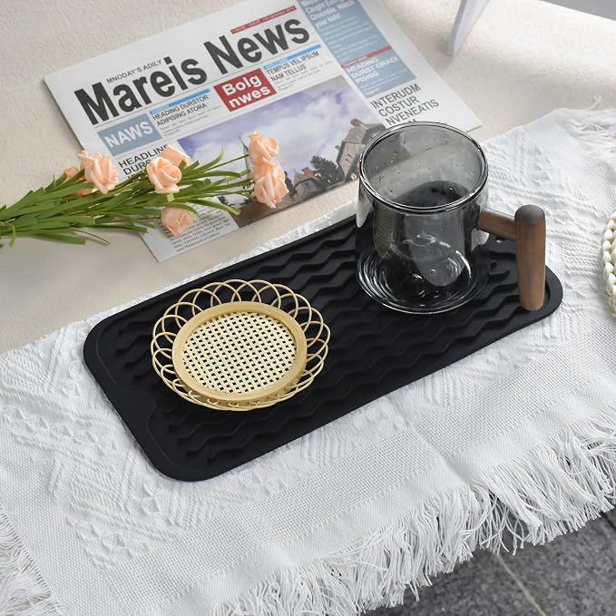 Silicone Dish Drying Mat, Non-Slip Easy Clean Sink Mat, Translucent, 12"x6" | Quick-Dry Ridges, Large Heat-resistant Dish Drainer Mat for Kitchen Counter, Hangable & Roll-Up for Storage, Dishwasher Safe