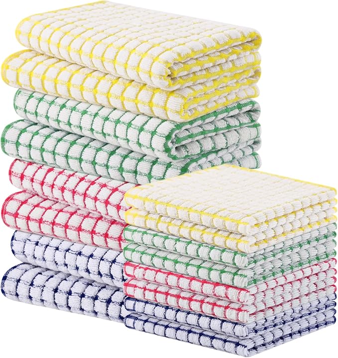 Homaxy Kitchen Towels and Dishcloths Set, Set of 16, Blue/Yellow/Red/Green | Cotton Terry Kitchen Dish Towels, Super Soft and Absorbent Dish Cloths, 16 x 25 and 12 x 12 Inches