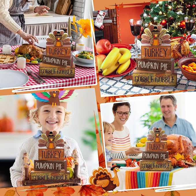 Lineshading 4 Pcs Thanksgiving Turkey Decor Wooden Fall Table Decorations | Rustic Block Signs with Turkey Pumpkin Pie Gobble Text, Autumn Harvest Table Centerpiece, Farmhouse Kitchen Shelf Decor