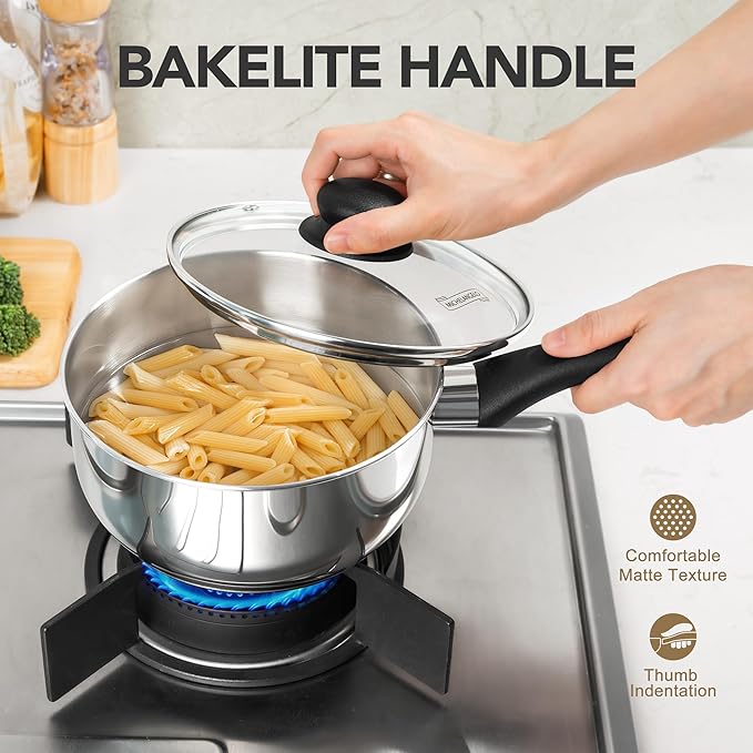 MICHELANGELO Stainless Steel Pots with Lids, Triply Base for Induction | Lightweight Cooking Pot Set, Sauce Pans with Cool-Touch Bakelite Handle, Induction Compatible Saucepan, 1 + 2 + 3QT