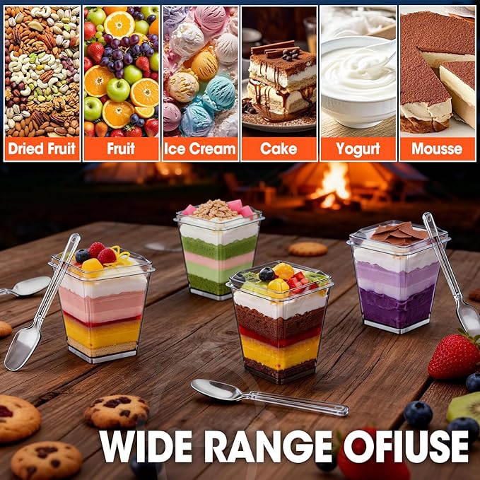 150 Set 5 oz Plastic Dessert Cups with Lids and Spoons, Yogurt Parfait Appetizer Cup with Lids for Party, Disposable Square Mini Dessert Shooters for Pudding, Fruit and Ice Cream