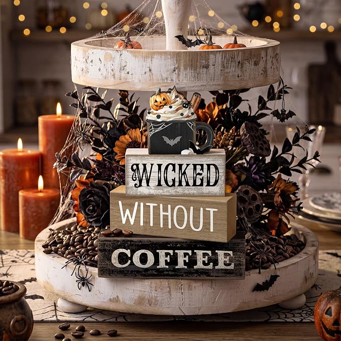 Lineshading 4 Pcs Halloween Coffee Table Decor, Gothic Black Wood Sign Home | Gothic Black Mug with Pumpkin Spider, Halloween Coffee Bar Centerpiece, Rustic Wood Stacked Sign, Holiday Kitchen Shelf Decor