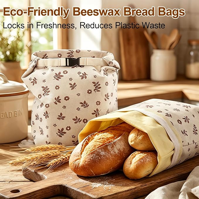 2 Pack Beeswax Bread Bags for Sourdough, Reusable Sourdough Bread Bags with Zipper, Natural Bees Wax Linen Cotton Bread Storage Bags to Keep Fresh, 13''×17''