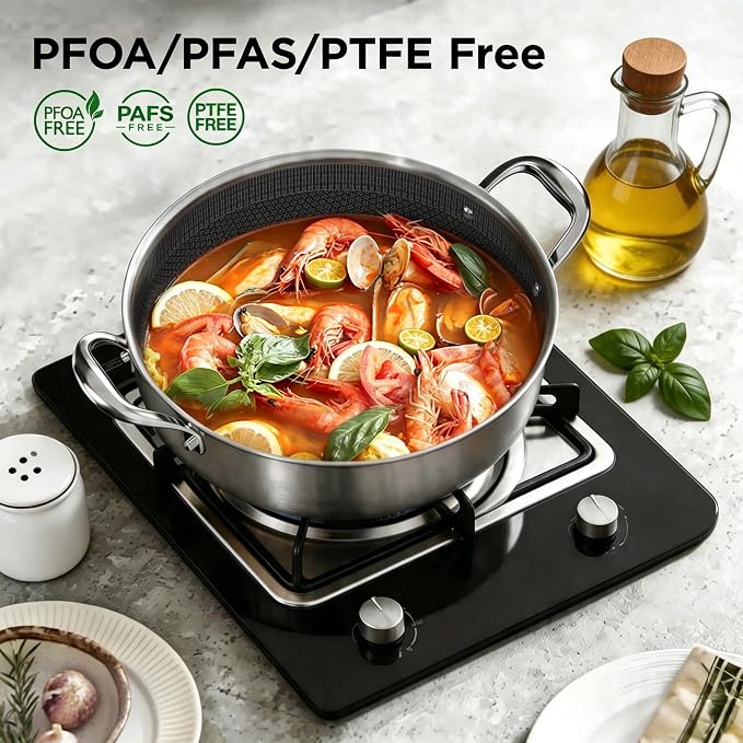 COOKER KING 5Qt Hybrid Sauté Pan with Lid, Nonstick Braiser, Chicken fryer | Non-Toxic Coating Pot, Dishwasher & Oven Safe, Induction Ready, Dual Cool Handle, 3-Ply Stainless Steel Clad for Fast Heat