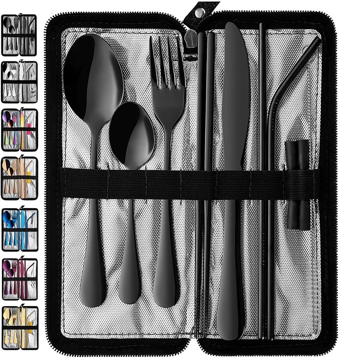 VANDBAO Portable Travel Utensils, Reusable Silverware with Case for Fixing Tableware, 9 Pieces Stainless Steel Stable Flatware Set, Camping Picnic Cutlery Set (Black Set)